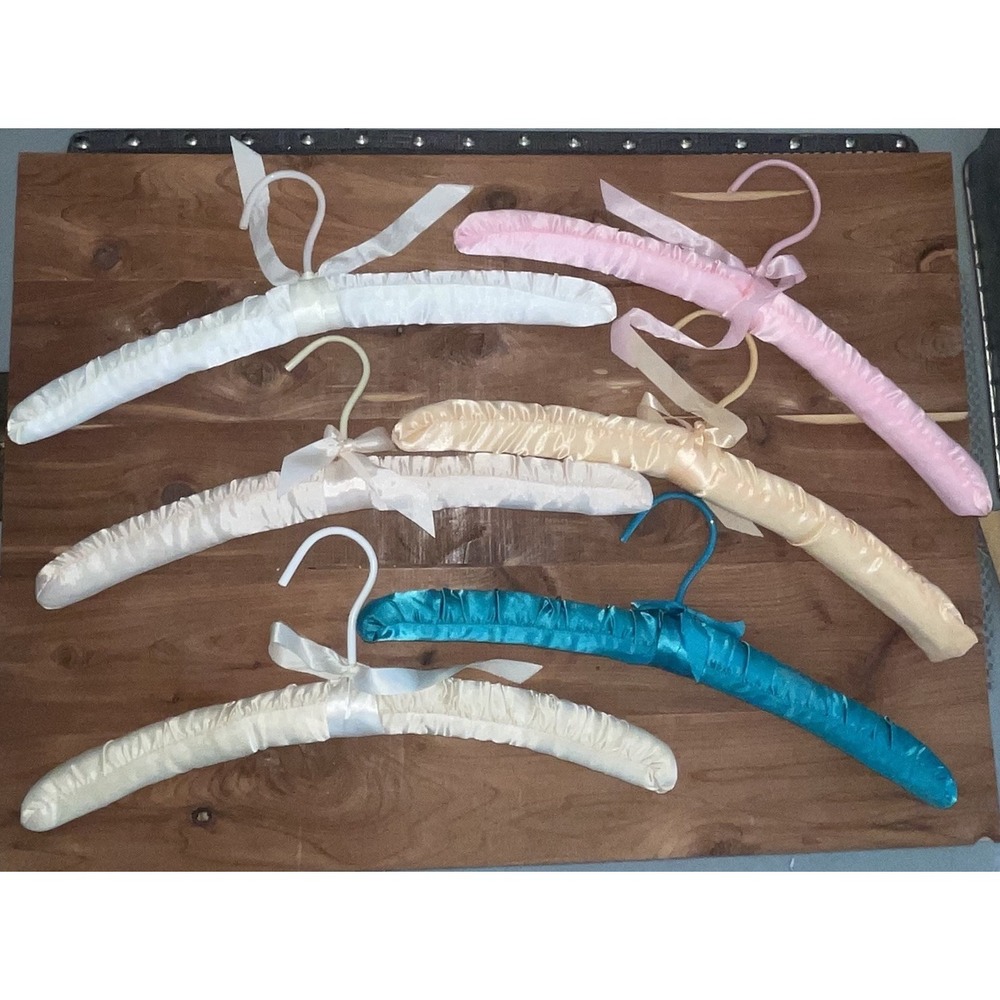 6 Vintage Pastel Padded Satin Lingerie Boudoir Clothes Hangers Lace Ribbon 15"